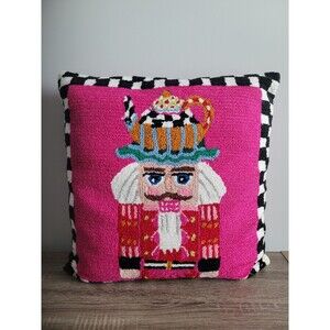 Mackenzie Childs Teapot Nutcracker Pillow Bright Checkered 20 inch Whimsy